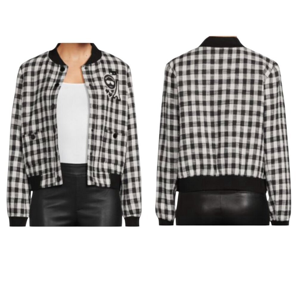 Karl Lagerfeld Paris Black White Gingham Check Tweed Bomber Jacket XL (Estimated